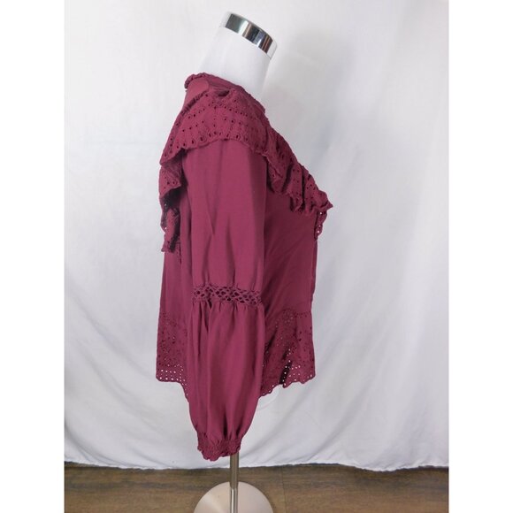 Knox Rose Boho Eyelet Blouse M Burgundy Ruffle Witchcore Top - Picture 8 of 12